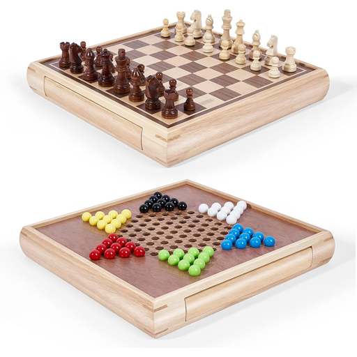 AMSLOVE Wooden 2-in-1 Chinese Checkers + Chess Set, 13"